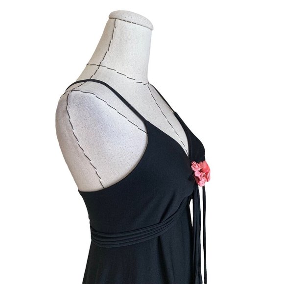 Vintage 70s Black Maxi Dress Poly With Rose Ties Groovy Hippie Hippy Boho - Picture 7 of 12